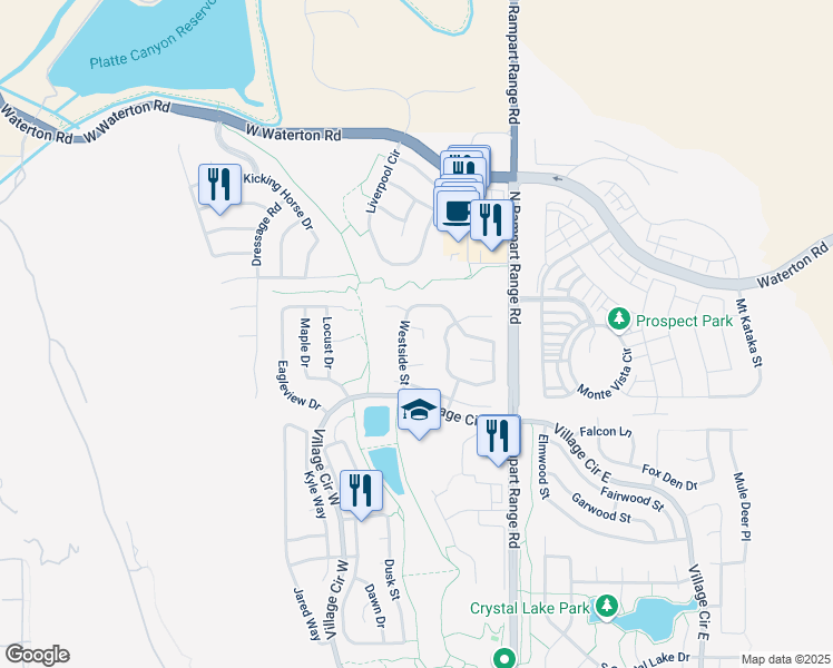 map of restaurants, bars, coffee shops, grocery stores, and more near 10195 Westside Court in Littleton