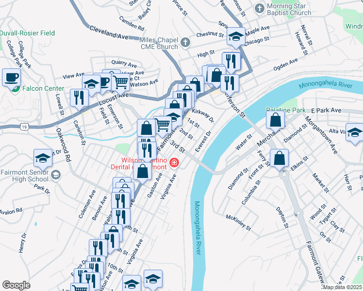 map of restaurants, bars, coffee shops, grocery stores, and more near 301 Virginia Avenue in Fairmont