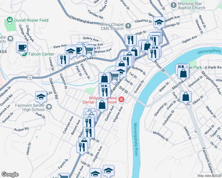 map of restaurants, bars, coffee shops, grocery stores, and more near 430 Fairmont Avenue in Fairmont