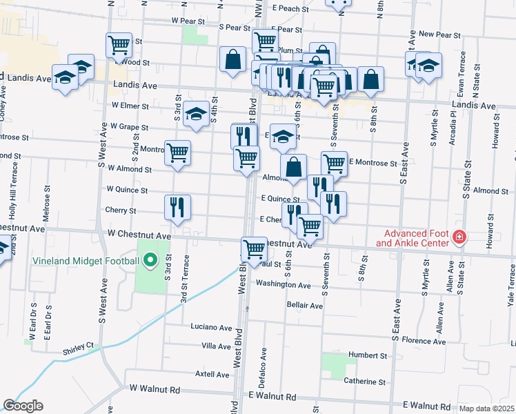 map of restaurants, bars, coffee shops, grocery stores, and more near 509 Southeast Boulevard in Vineland