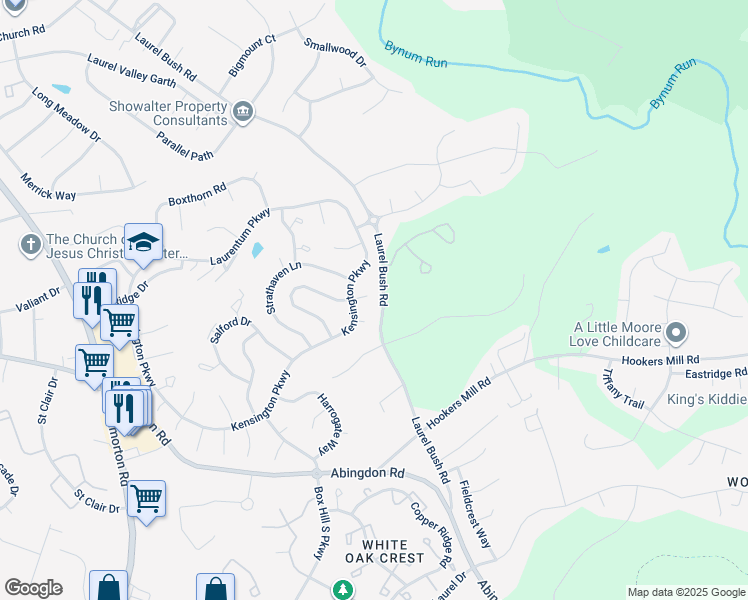 map of restaurants, bars, coffee shops, grocery stores, and more near 2956 Sunderland Court in Abingdon
