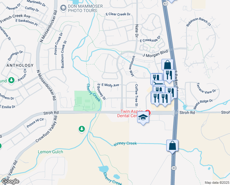 map of restaurants, bars, coffee shops, grocery stores, and more near 19255 East Legend Avenue in Parker