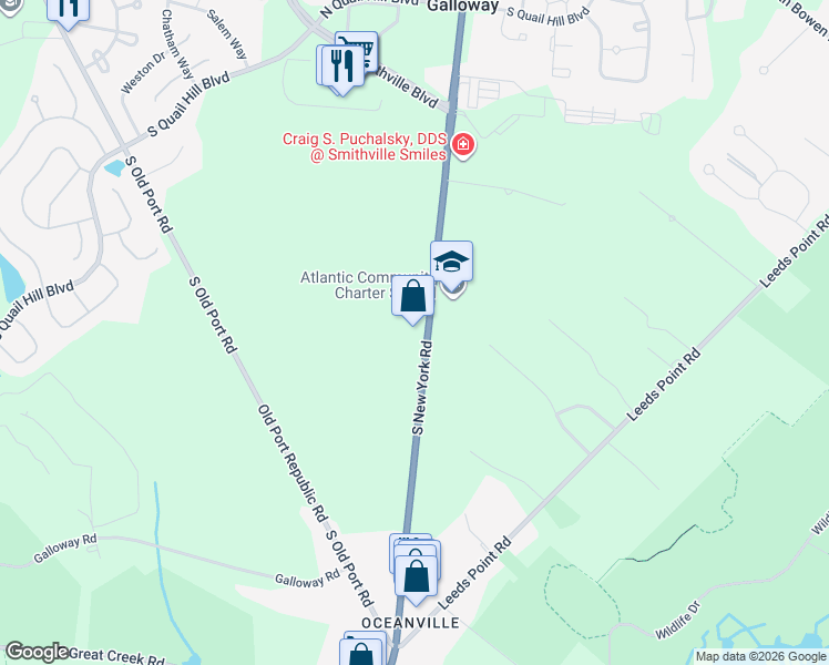 map of restaurants, bars, coffee shops, grocery stores, and more near 119 South New York Road in Galloway