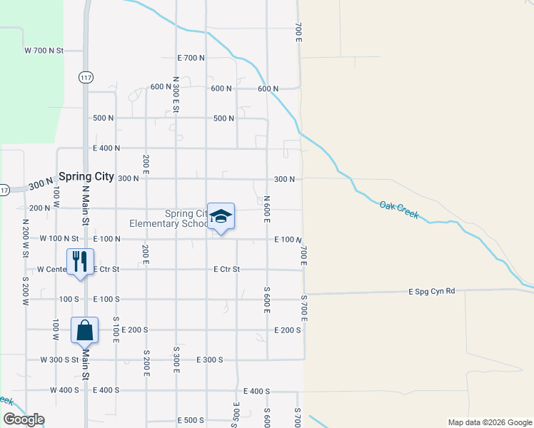 map of restaurants, bars, coffee shops, grocery stores, and more near 615 East 100 North in Spring City