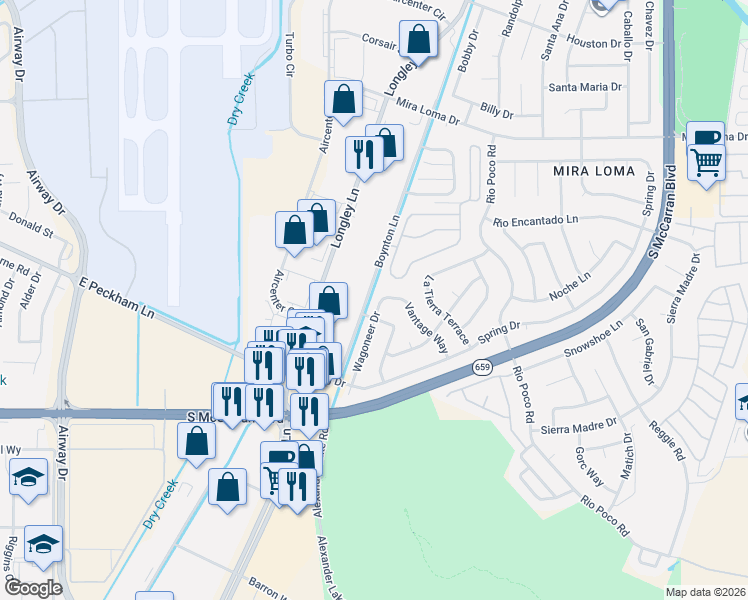 map of restaurants, bars, coffee shops, grocery stores, and more near 3740 Amador Way in Reno