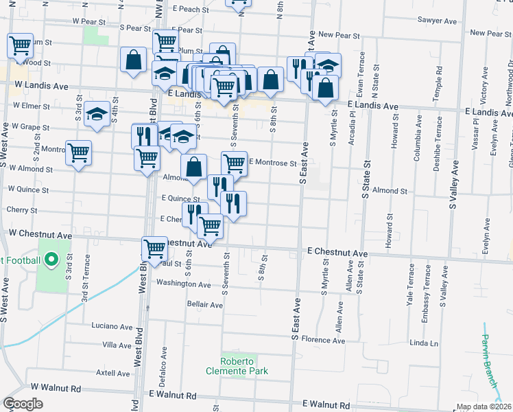 map of restaurants, bars, coffee shops, grocery stores, and more near 520 South 8th Street in Vineland