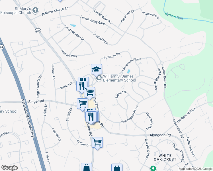 map of restaurants, bars, coffee shops, grocery stores, and more near 1 Laurentum Parkway in Abingdon
