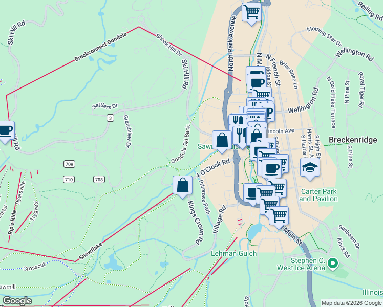 map of restaurants, bars, coffee shops, grocery stores, and more near 101 Sawmill Road in Breckenridge