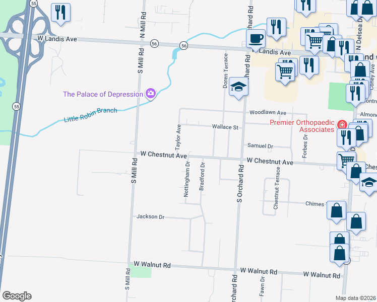 map of restaurants, bars, coffee shops, grocery stores, and more near 1656 West Chestnut Avenue in Vineland