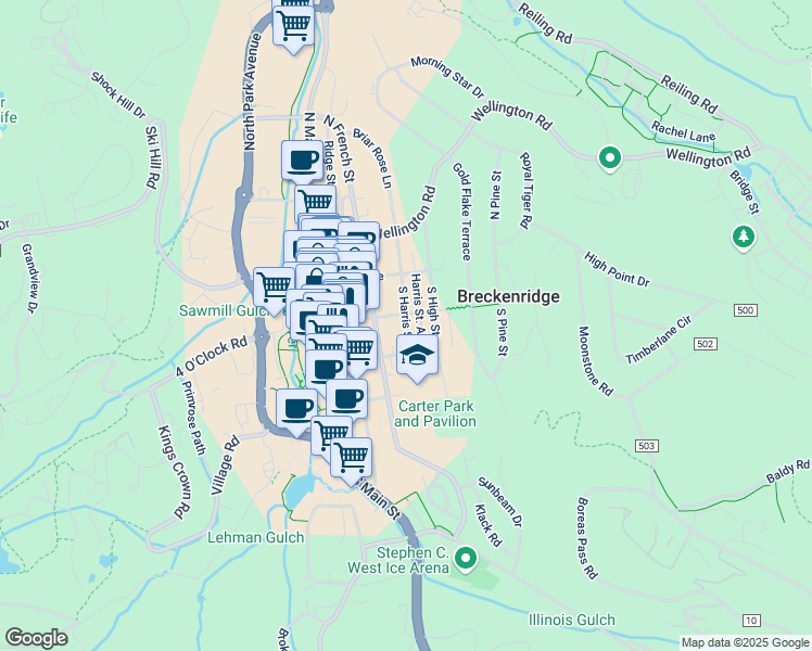 map of restaurants, bars, coffee shops, grocery stores, and more near 106 N Harris St in Breckenridge