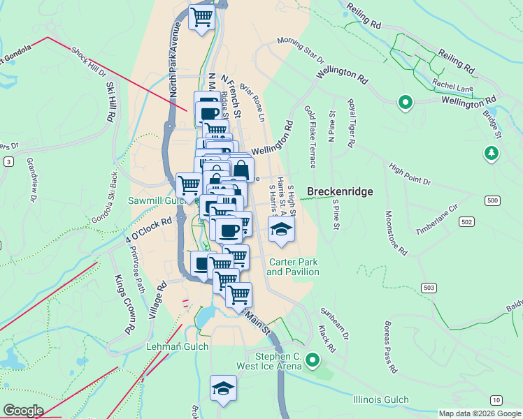 map of restaurants, bars, coffee shops, grocery stores, and more near 110 South Harris Street in Breckenridge