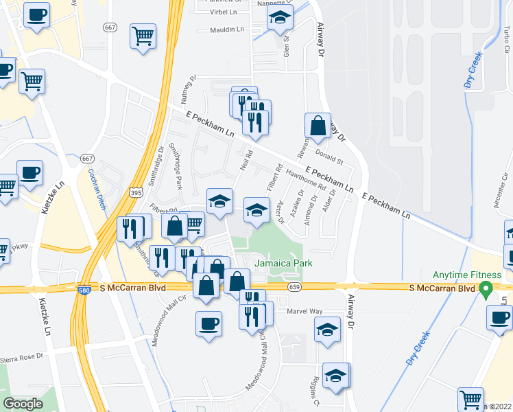 map of restaurants, bars, coffee shops, grocery stores, and more near 4700 Filbert Road in Reno