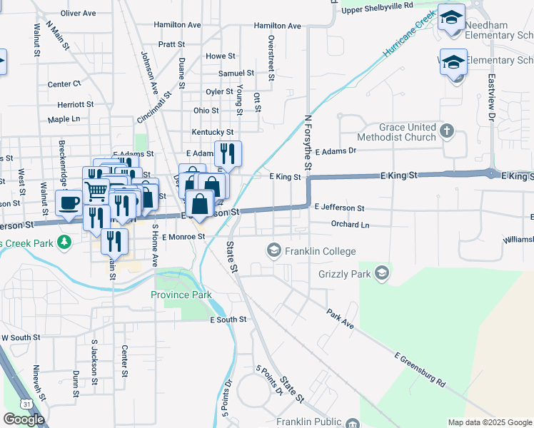 map of restaurants, bars, coffee shops, grocery stores, and more near 48 North Edwards Street in Franklin