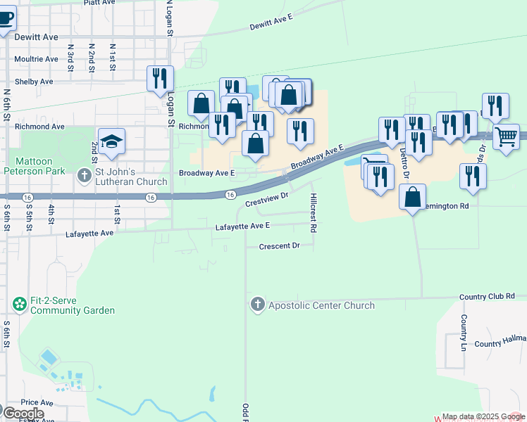 map of restaurants, bars, coffee shops, grocery stores, and more near 400-498 Crestview Dr in Mattoon