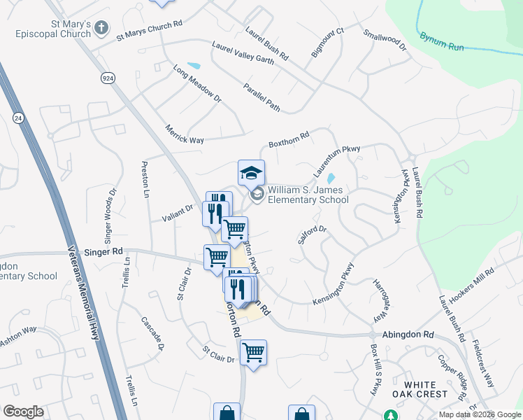 map of restaurants, bars, coffee shops, grocery stores, and more near 1 Laurentum Parkway in Abingdon