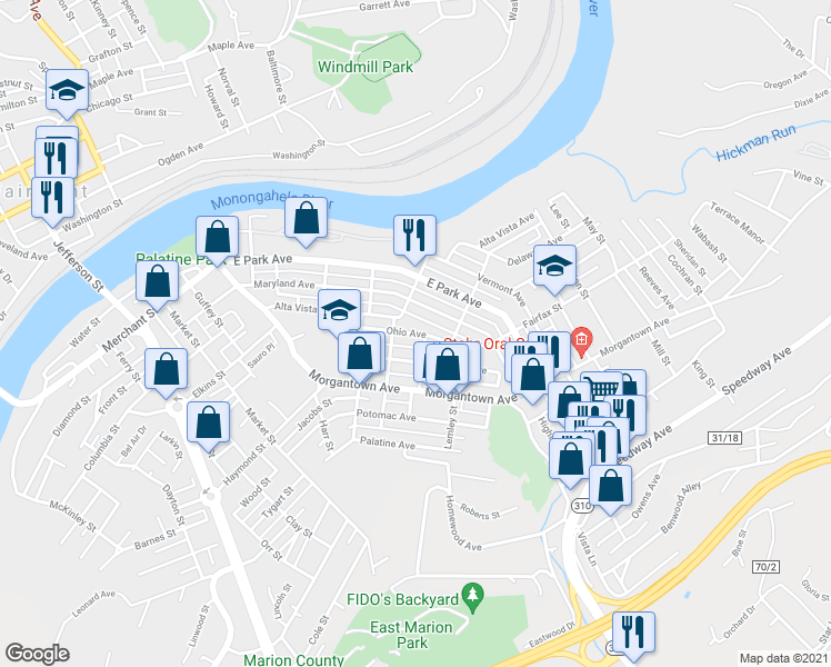 map of restaurants, bars, coffee shops, grocery stores, and more near 613 Ohio Avenue in Fairmont