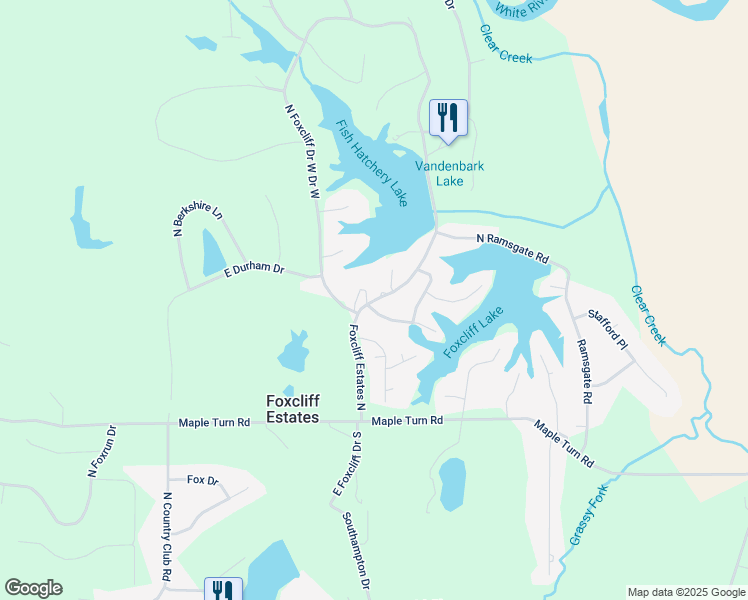 map of restaurants, bars, coffee shops, grocery stores, and more near 1529 East Foxcliff Drive South in Martinsville