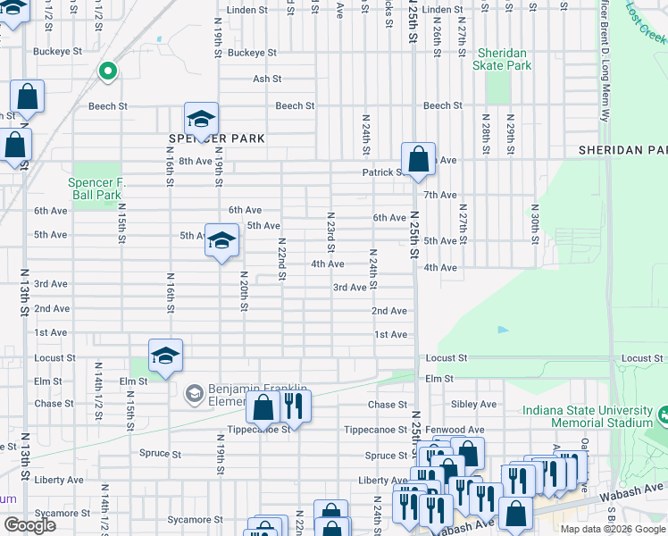 map of restaurants, bars, coffee shops, grocery stores, and more near 2314 4th Avenue in Terre Haute