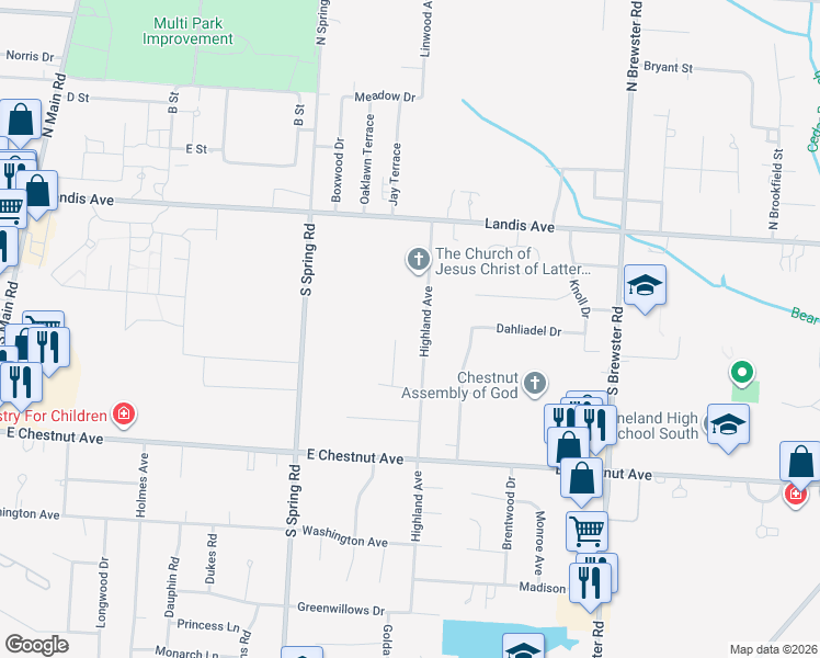 map of restaurants, bars, coffee shops, grocery stores, and more near 198 Highland Avenue in Vineland