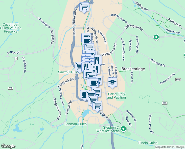 map of restaurants, bars, coffee shops, grocery stores, and more near 121 Ridge Street Alley in Breckenridge