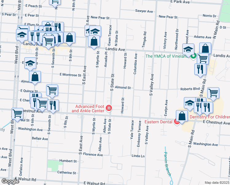 map of restaurants, bars, coffee shops, grocery stores, and more near 48 Howard Street in Vineland