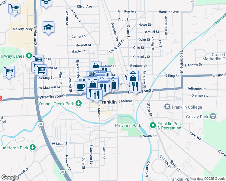 map of restaurants, bars, coffee shops, grocery stores, and more near 99 North Water Street in Franklin