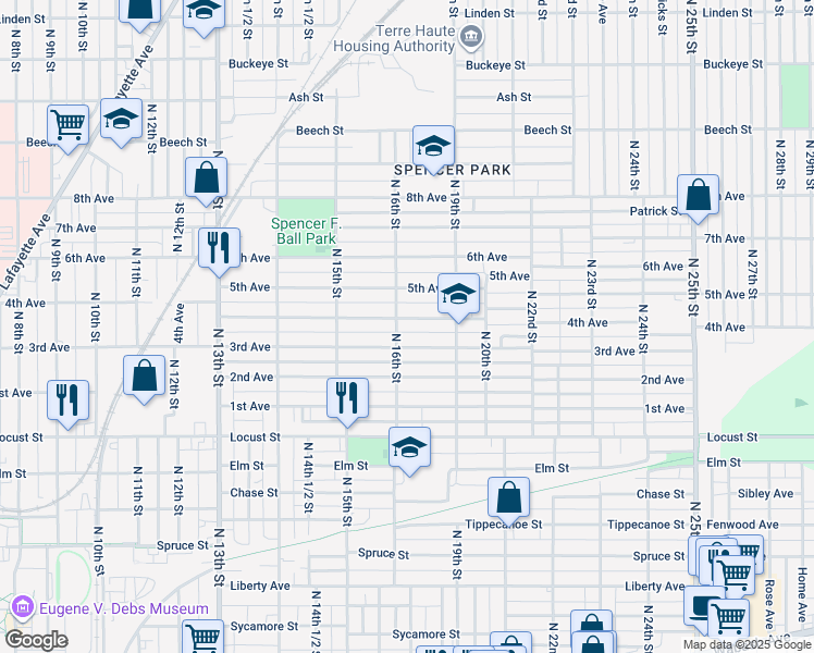 map of restaurants, bars, coffee shops, grocery stores, and more near 1618 4th Avenue in Terre Haute