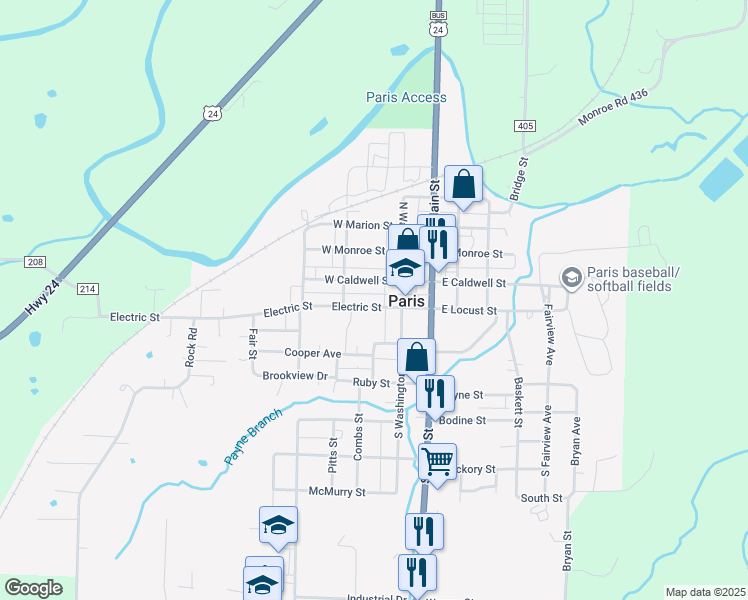 map of restaurants, bars, coffee shops, grocery stores, and more near 303 West Caldwell Street in Paris