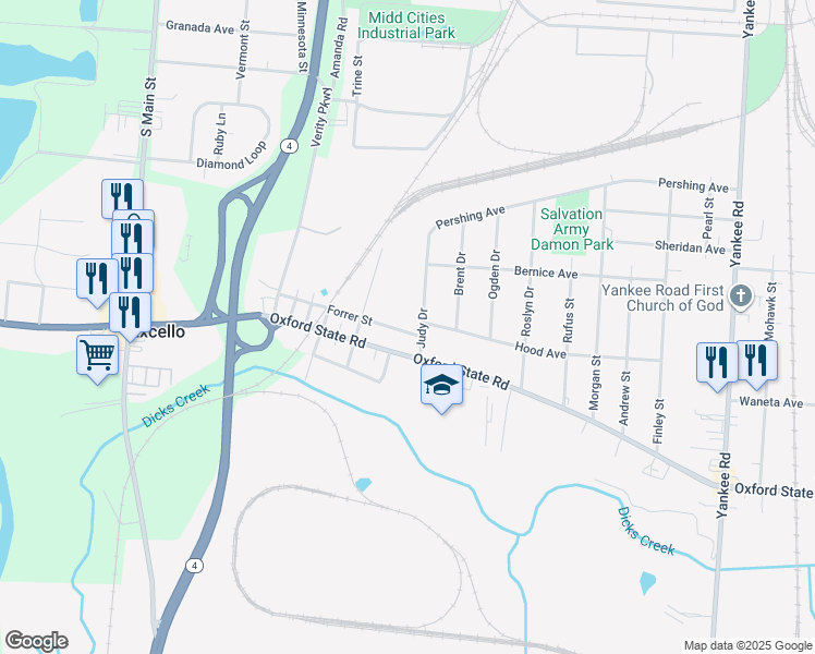 map of restaurants, bars, coffee shops, grocery stores, and more near 1205 Forrer Street in Middletown