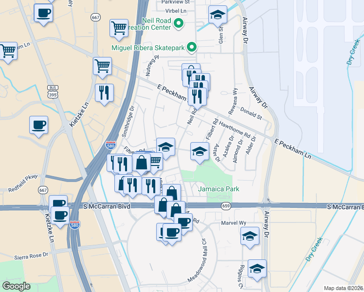 map of restaurants, bars, coffee shops, grocery stores, and more near 34 Neil Road in Reno