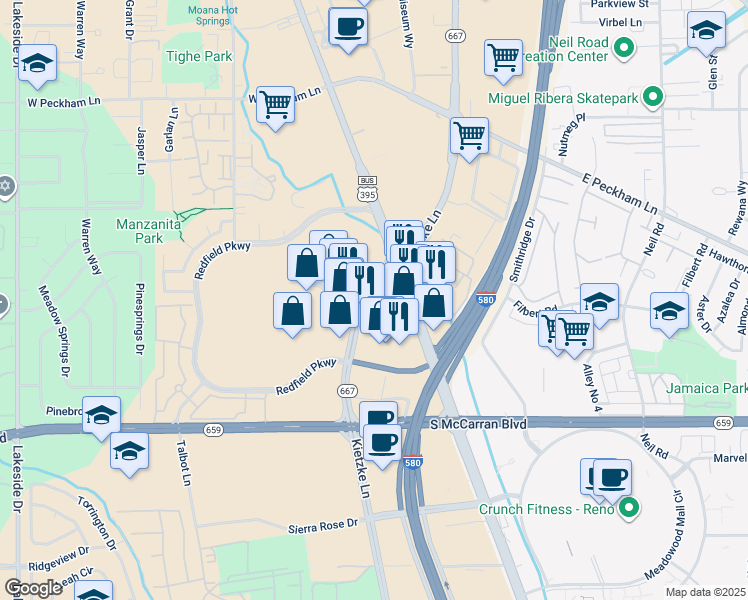 map of restaurants, bars, coffee shops, grocery stores, and more near 4955 South Virginia Street in Reno