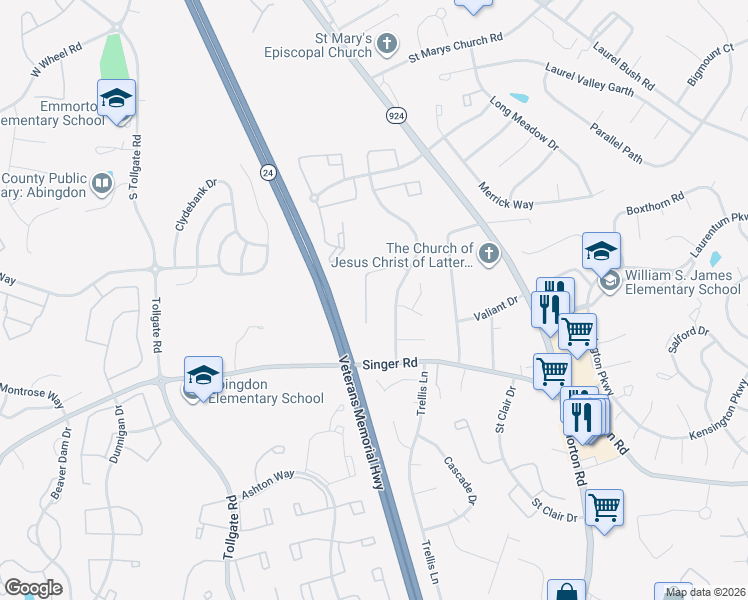 map of restaurants, bars, coffee shops, grocery stores, and more near 311 Laurel Woods Drive in Abingdon