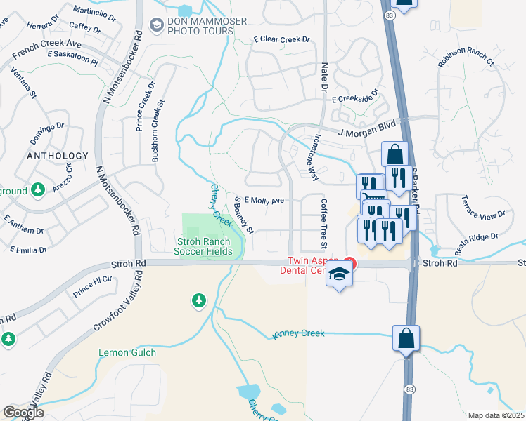 map of restaurants, bars, coffee shops, grocery stores, and more near 12941 South Carson Court in Parker