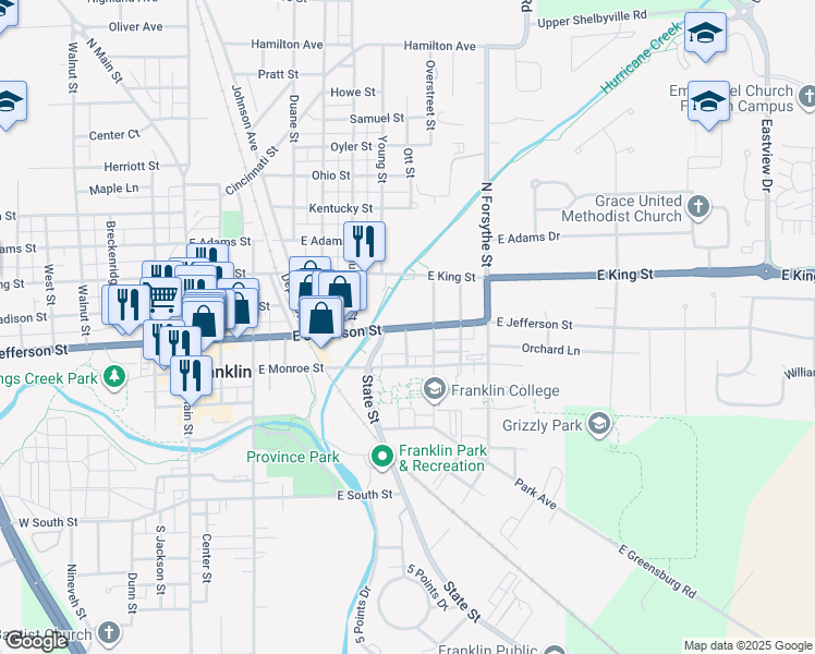 map of restaurants, bars, coffee shops, grocery stores, and more near 700 Indiana 44 in Franklin