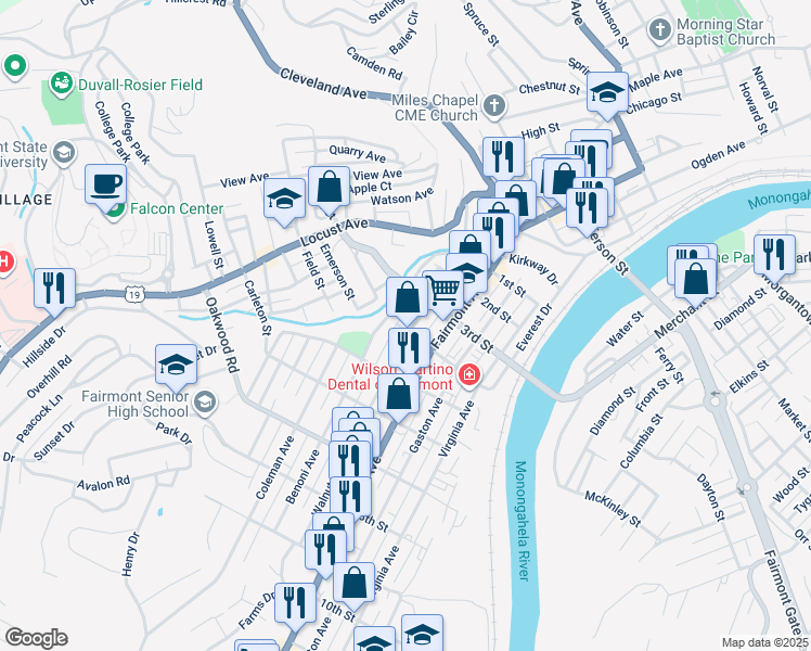 map of restaurants, bars, coffee shops, grocery stores, and more near 7 Albert Court in Fairmont