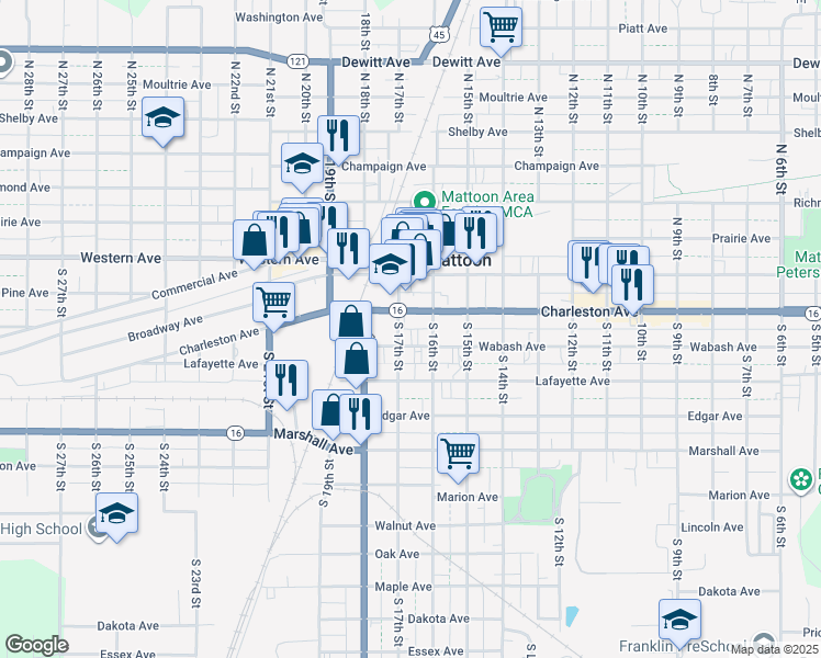 map of restaurants, bars, coffee shops, grocery stores, and more near 1607 Charleston Avenue in Mattoon