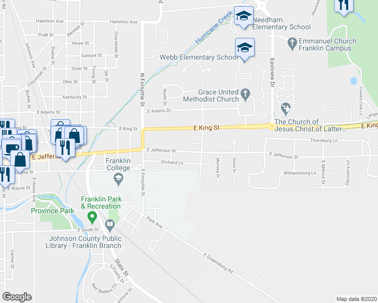 map of restaurants, bars, coffee shops, grocery stores, and more near 1120 East Jefferson Street in Franklin