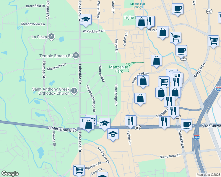 map of restaurants, bars, coffee shops, grocery stores, and more near 780 Twin Pines Court in Reno