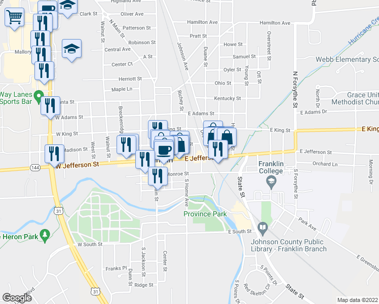 map of restaurants, bars, coffee shops, grocery stores, and more near 49 North Home Avenue in Franklin