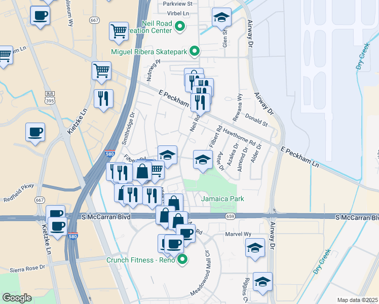 map of restaurants, bars, coffee shops, grocery stores, and more near 34 Neil Road in Reno