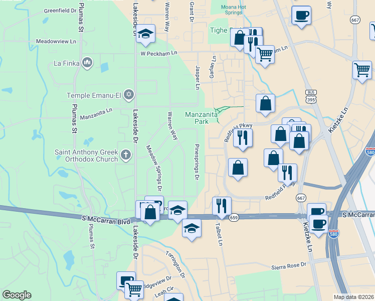 map of restaurants, bars, coffee shops, grocery stores, and more near 780 Twin Pines Court in Reno