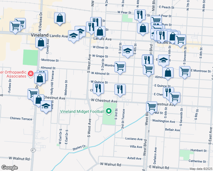 map of restaurants, bars, coffee shops, grocery stores, and more near 208 West Quince Street in Vineland
