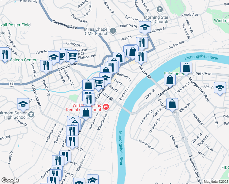 map of restaurants, bars, coffee shops, grocery stores, and more near in Fairmont