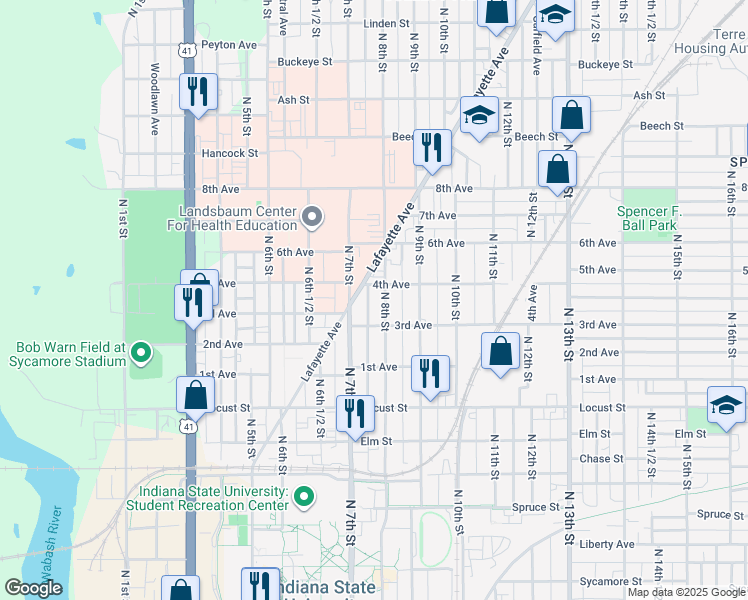 map of restaurants, bars, coffee shops, grocery stores, and more near 701-799 4th Ave in Terre Haute
