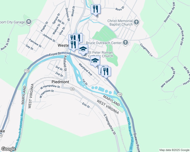 map of restaurants, bars, coffee shops, grocery stores, and more near 419 Maryland Avenue in Westernport