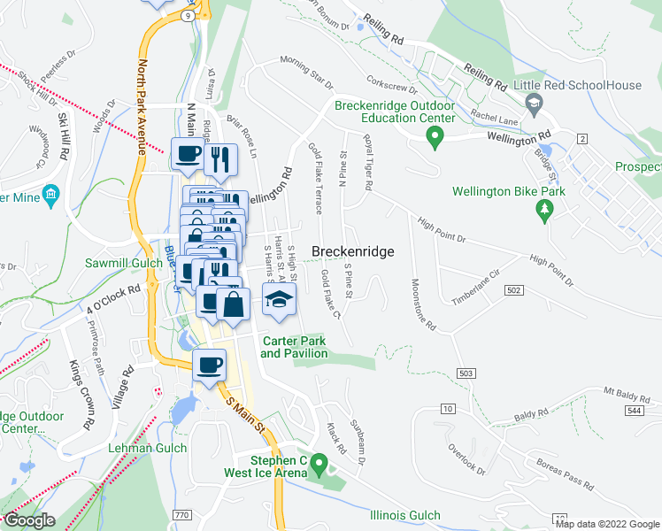 map of restaurants, bars, coffee shops, grocery stores, and more near 200 North Gold Flake Terrace in Breckenridge