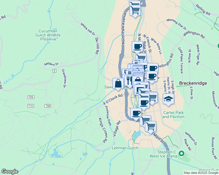 map of restaurants, bars, coffee shops, grocery stores, and more near 114 Streamside Circle in Breckenridge