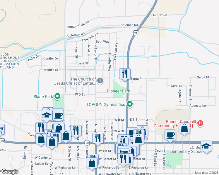 map of restaurants, bars, coffee shops, grocery stores, and more near 431 Timothy Way in Fallon