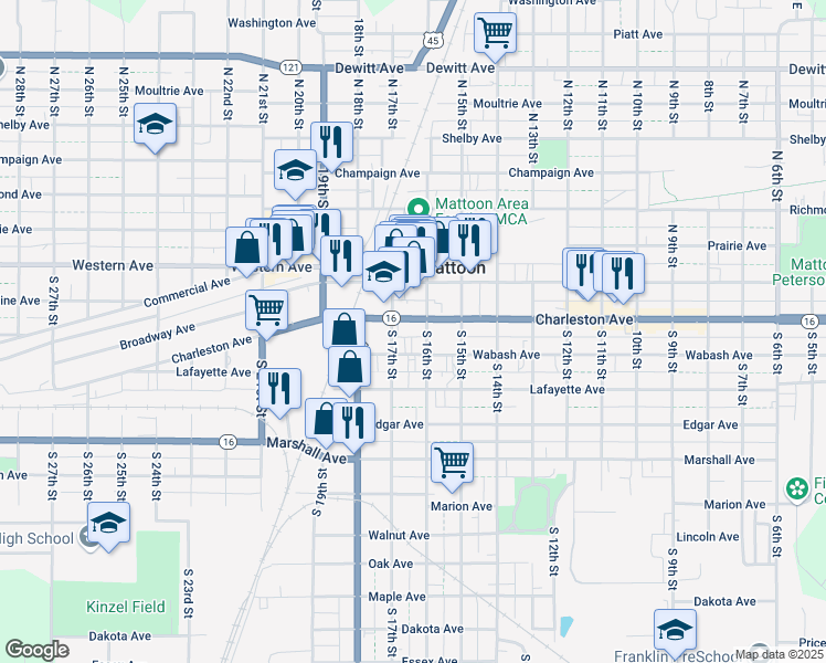 map of restaurants, bars, coffee shops, grocery stores, and more near 1607 Charleston Avenue in Mattoon