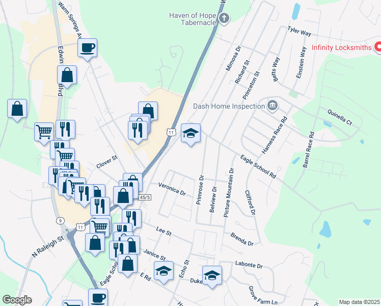 map of restaurants, bars, coffee shops, grocery stores, and more near 730 Eagle School Road in Martinsburg